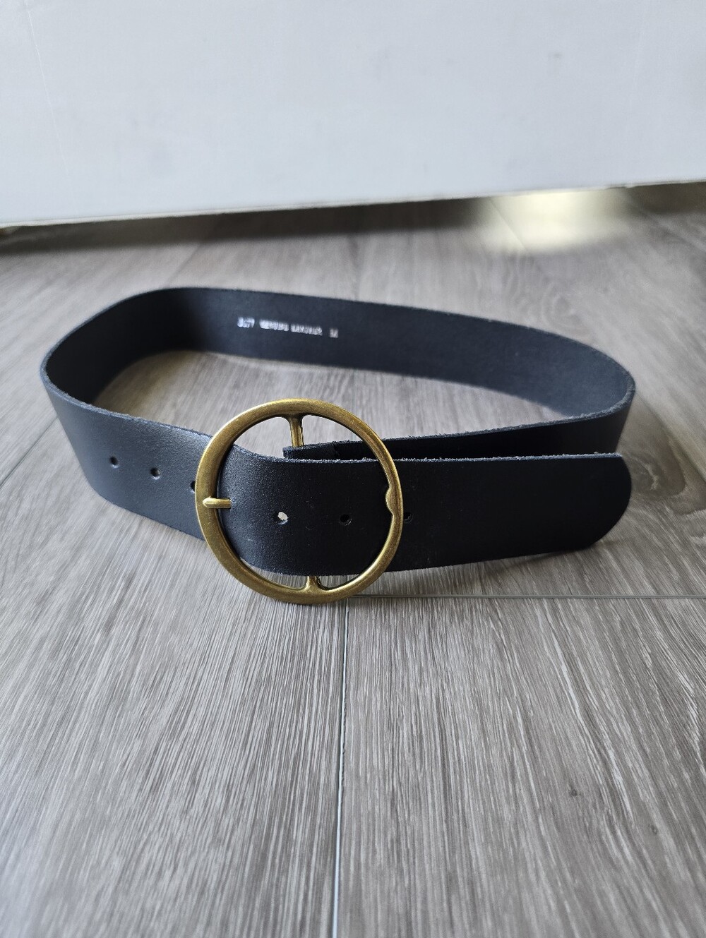 Black Genuine Leather Belt Brass O-Ring Circle Buckle Boho Wide Waist Size M